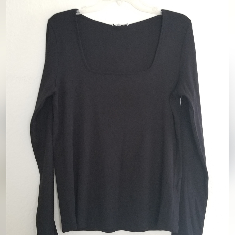 VINCE Cotton Modal Square Neckline Long Sleeve Top Size L Large Black - Picture 3 of 6